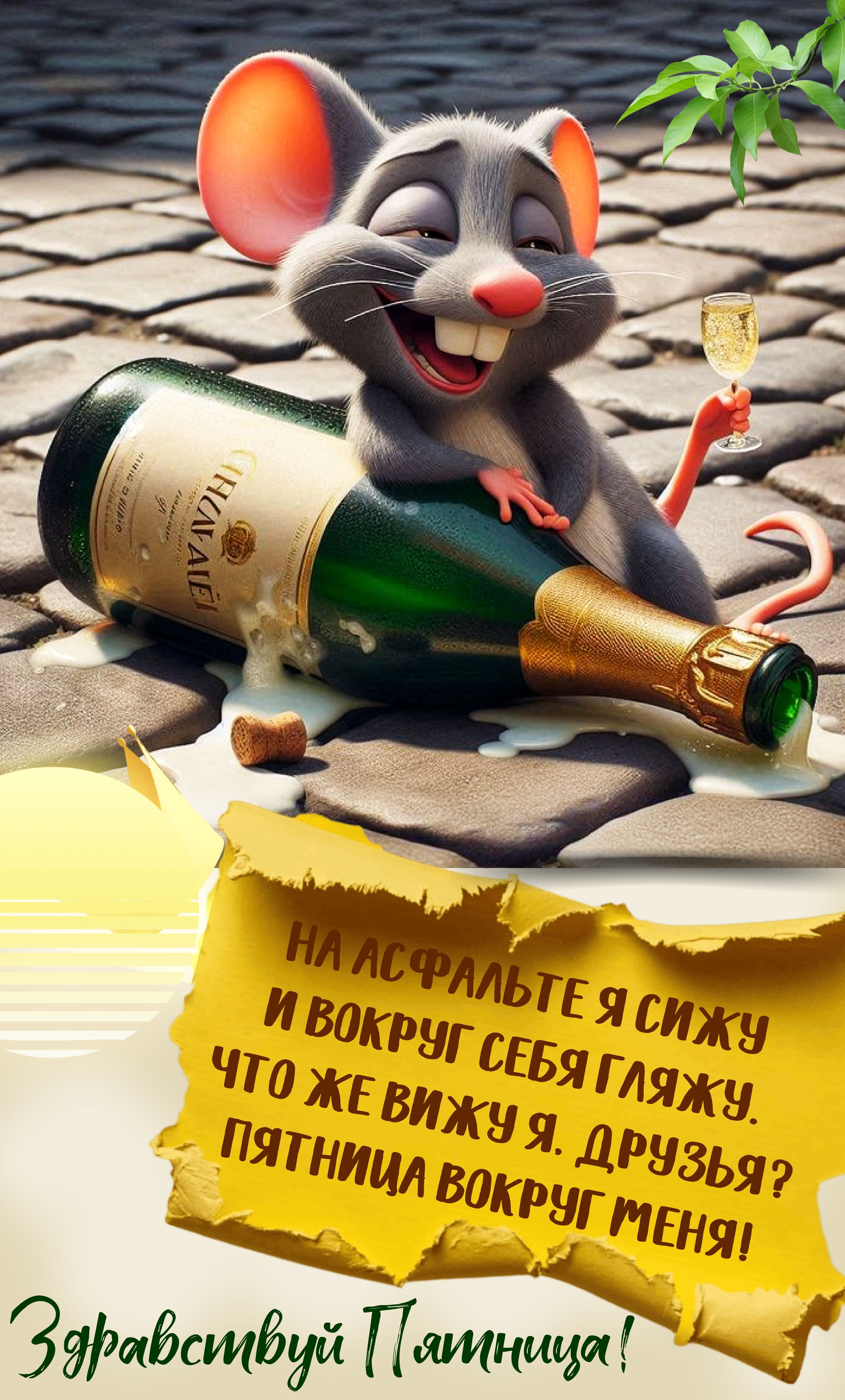 Открытка «С добрым утром»: Пятница, Ура! Веселая мышка с шампанским. Тэги: животное, пожелание, позитивная, хорошего…