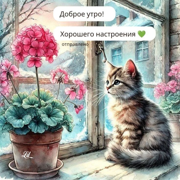 Открытка «С добрым утром»: Доброе утро: пушистый кот и цветы у зимнего окна. Тэги: кот, животное, пожелание, позитивн…