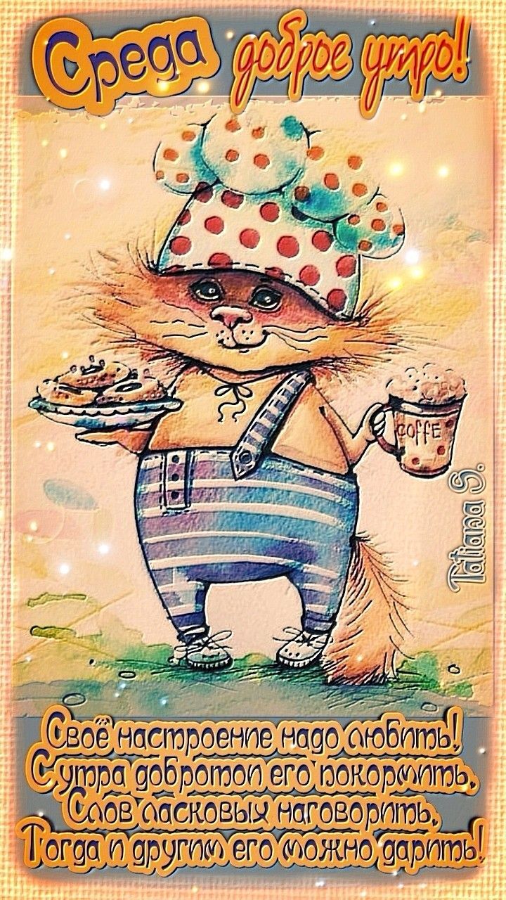 Открытка «С добрым утром»: Среда доброе утро! Кофе, выпечка и позитив. Тэги: кот, животное, пожелание, утро, красивая…