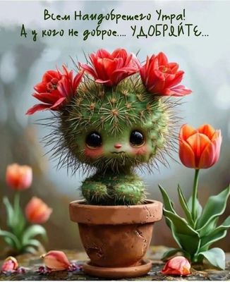 Открытка «С добрым утром»: С добрым утром! Удобряем настроение милым кактусом!. Тэги: животное, пожелание, позитивная…