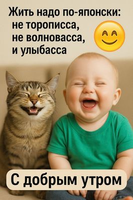 Открытка «С добрым утром»: С добрым утром! Улыбасса по-японски вместе!. Тэги: кот, животное, пожелание, юмор, улыбка…