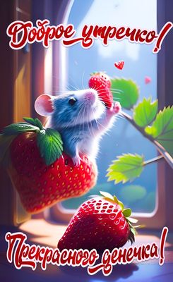 Открытка «С добрым утром»: Нежное доброе утро с клубникой и мышкой. Тэги: животное, пожелание, отличное настроение…