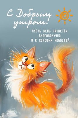 Открытка «С добрым утром»: Пушистое доброе утро: солнечный кот и улыбка!. Тэги: кот, животное, пожелание, позитивная…