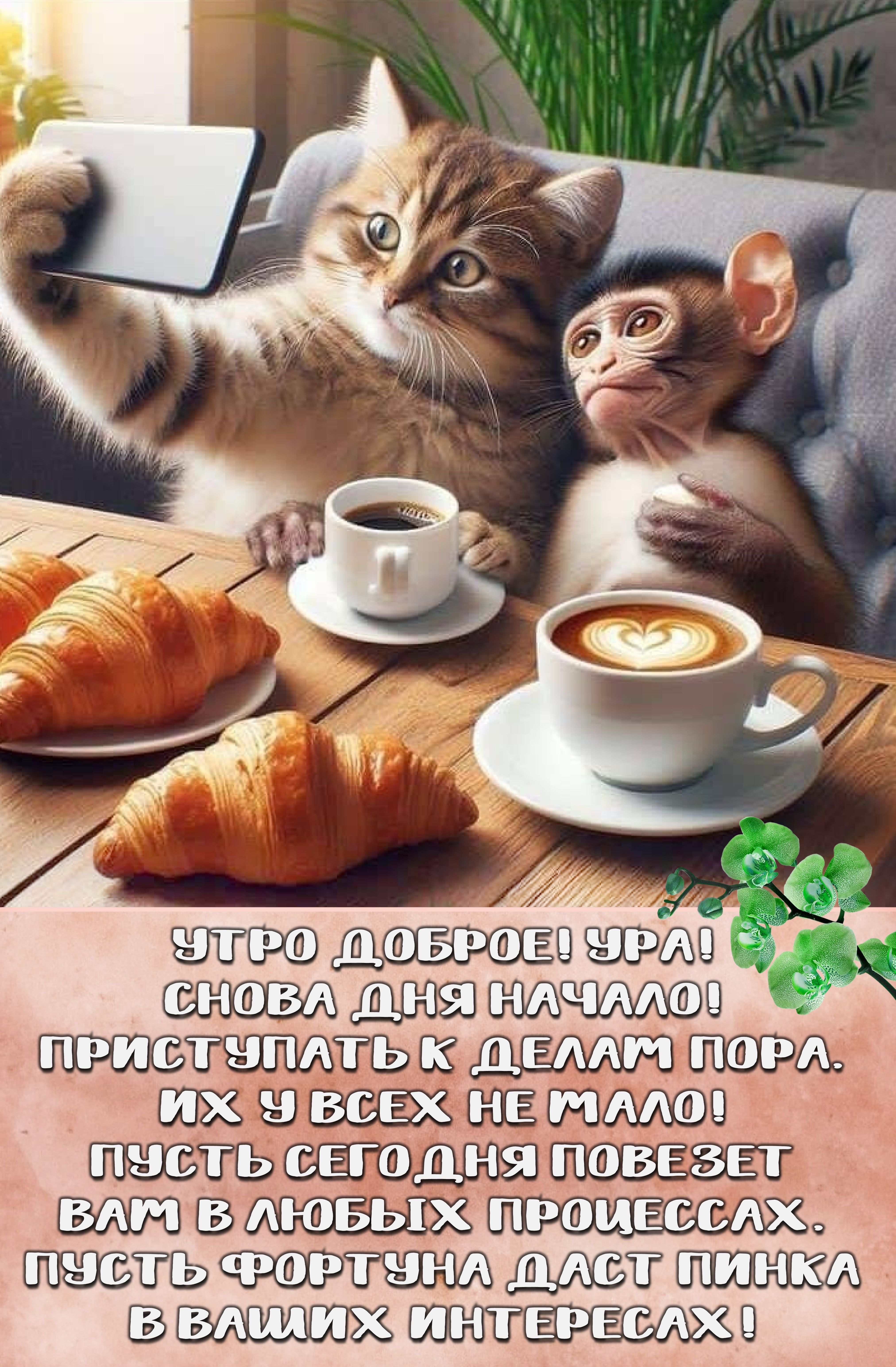 Открытка «С добрым утром»: С добрым утром! Котик и обезьянка желают удачи. Тэги: кот, животное, пожелание, позитивная…