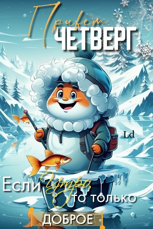 Открытка «С добрым утром»: Привет, четверг! Доброе утро от веселого рыбака. Тэги: пожелание, позитивная, шапка, утро…