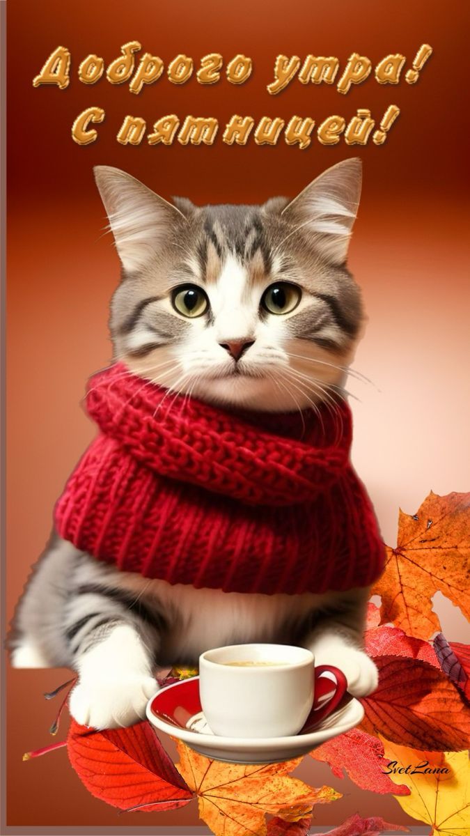Открытка «С добрым утром»: С добрым утром пятницы! Уютный кот и кофе. Тэги: кот, животное, пожелание, позитивная, шарф…