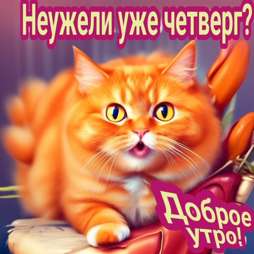 Открытка «С добрым утром»: Рыжий кот удивляется: уже четверг? Доброе утро!. Тэги: кот, животное, пожелание, позитивная…