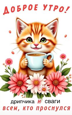 Открытка «С добрым утром»: Доброе утро: милый котёнок, кофе и цветы. Тэги: кот, животное, пожелание, позитивная…