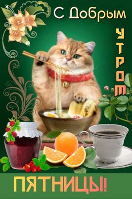 Открытка «С добрым утром»: Доброе утро пятницы! Котик, кофе и вкусный завтрак. Тэги: кот, животное, пожелание, позити…