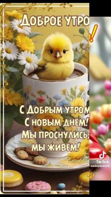 Открытка «С добрым утром»: Нежное доброе утро с милым цыпленком и кофе. Тэги: животное, пожелание, позитивная, хороше…