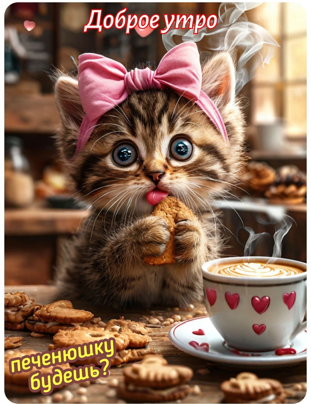 Открытка «С добрым утром»: Доброе утро! Милый котик и тёплый завтрак. Тэги: кот, животное, пожелание, позитивная…