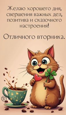 Открытка «С добрым утром»: С добрым утром, позитив и отличного вторника!. Тэги: кот, животное, пожелание, позитивная…
