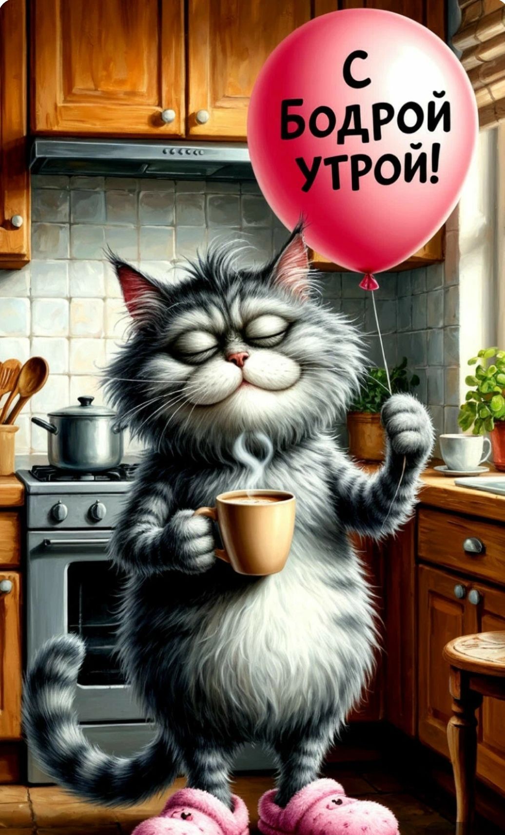 Открытка «С добрым утром»: С Бодрой Утрой! Пушистый кот с кофе. Тэги: кот, животное, пожелание, позитивная, отличное…