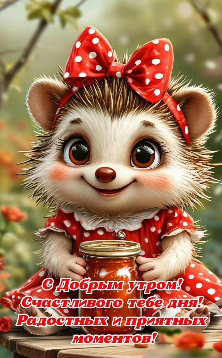 Открытка «С добрым утром»: С добрым утром от милого ежика с баночкой радости!. Тэги: животное, пожелание, хорошего дня…