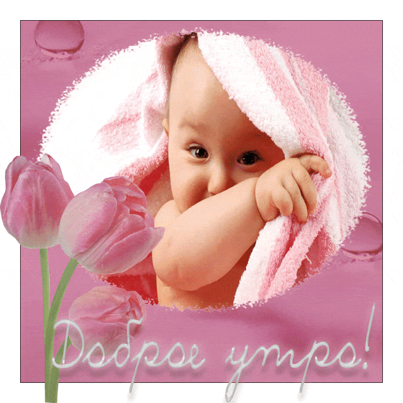 Открытка «С добрым утром»: Доброе утро: розовые тюльпаны и милый малыш. Тэги: пожелание, позитивная, отличное настрое…