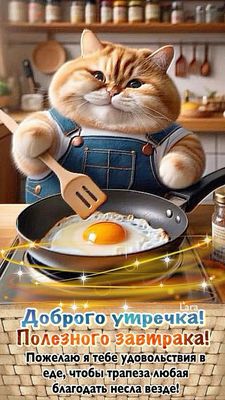Открытка «С добрым утром»: Кот-повар желает доброго утра и полезного завтрака!. Тэги: кот, животное, пожелание…