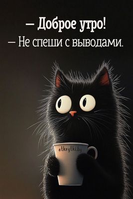 Открытка «С добрым утром»: Доброе утро: не спеши с выводами!. Тэги: кот, животное, пожелание, юмор, утро, кофе…