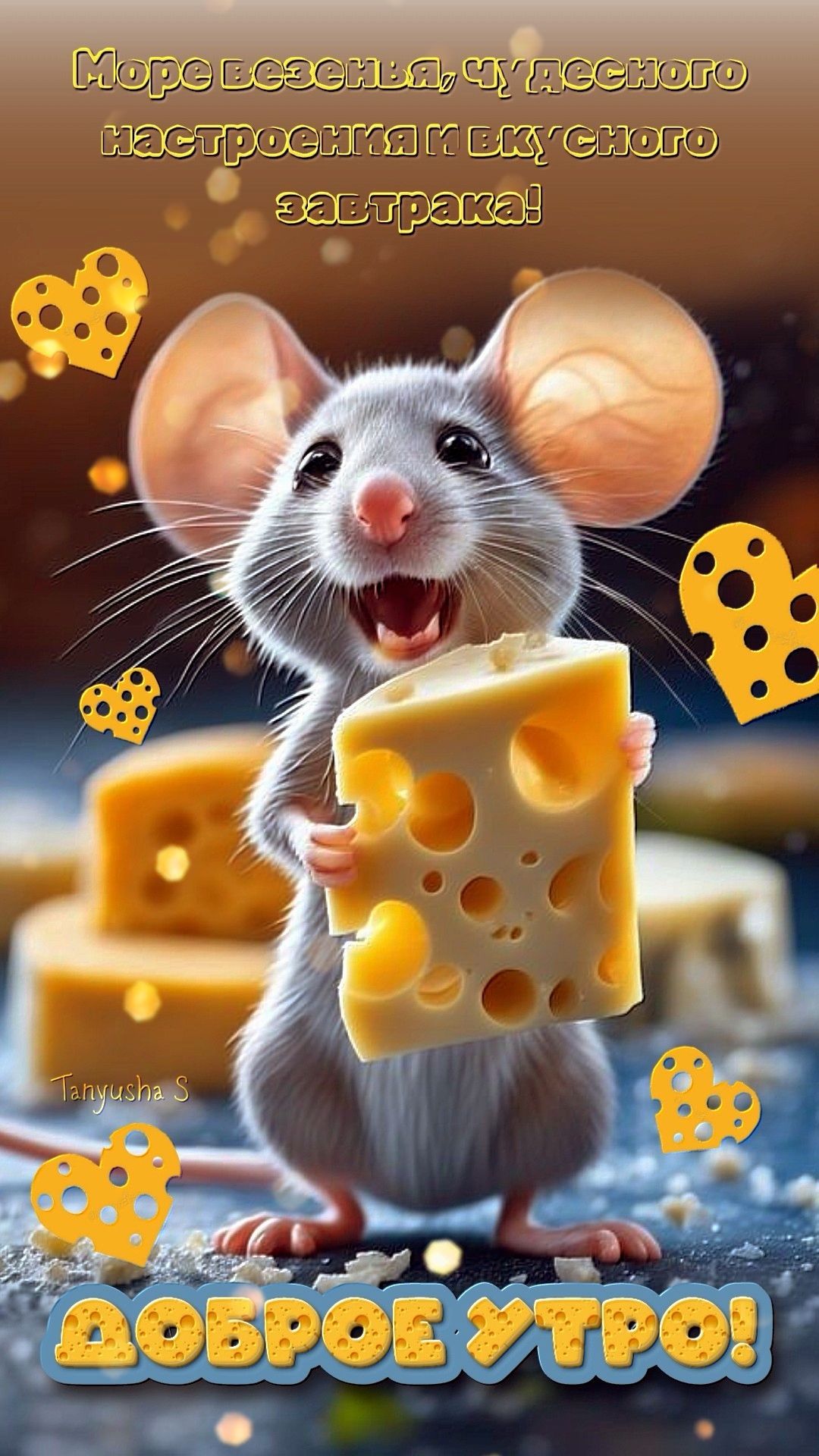 Открытка «С добрым утром»: Доброе утро с мышонком, сыром и морем позитива!. Тэги: животное, пожелание, позитивная…