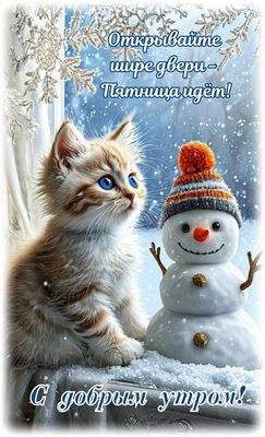 Открытка «С добрым утром»: С добрым утром! Пятница идет!. Тэги: кот, животное, пожелание, позитивная, шапка, утро…