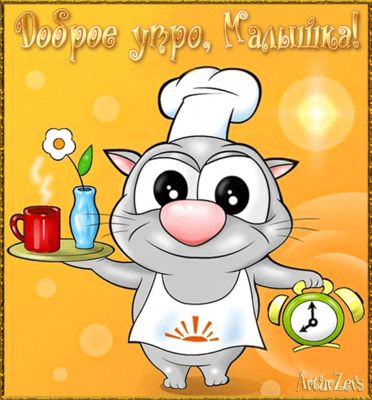 Открытка «С добрым утром»: Доброе утро, Малышка! Кот и утренний кофе. Тэги: кот, животное, пожелание, позитивная…