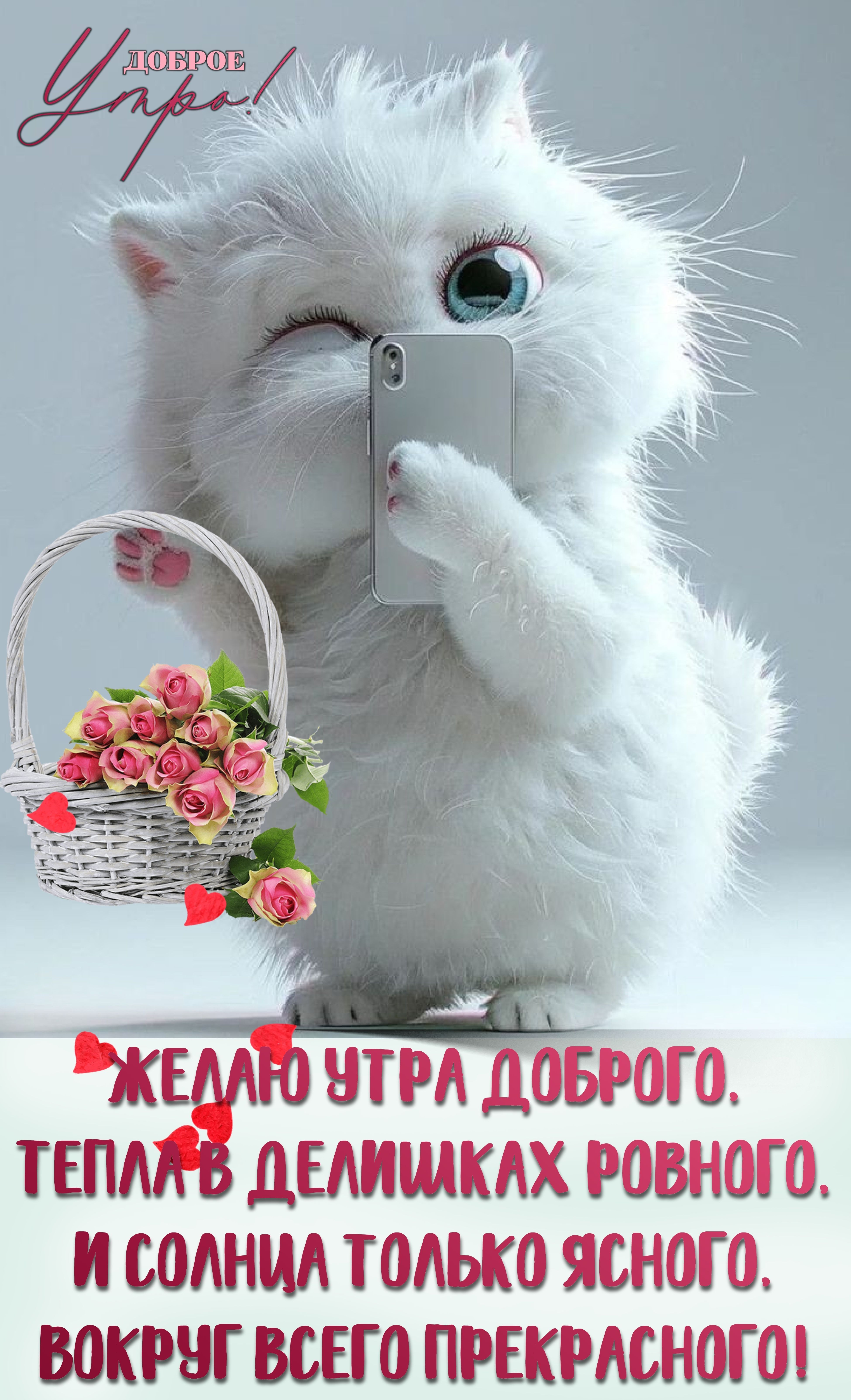 Открытка «С добрым утром»: Доброе утро с милым котёнком и букетом роз. Тэги: кот, животное, пожелание, позитивная…