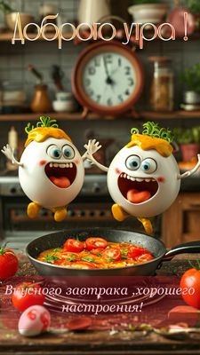 Открытка «С добрым утром»: Веселого утра, вкусного завтрака и отличного настроения!. Тэги: пожелание, позитивная…