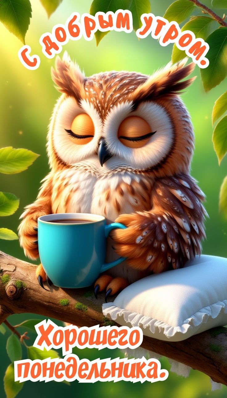 Открытка «С добрым утром»: Доброе утро и позитивного понедельника с совой. Тэги: животное, пожелание, позитивная…
