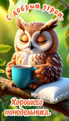 Открытка «С добрым утром»: Доброе утро и позитивного понедельника с совой. Тэги: животное, пожелание, позитивная…