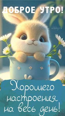 Открытка «С добрым утром»: Пушистое доброе утро с кроликом и хорошим настроением. Тэги: животное, пожелание, утро…
