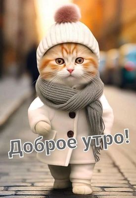 Открытка «С добрым утром»: Доброе утро от милого котика в теплой шапке. Тэги: кот, животное, пожелание, позитивная…