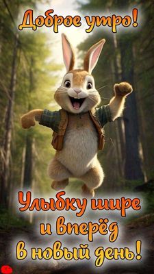 Открытка «С добрым утром»: Доброе утро: Улыбка зайца для нового дня!. Тэги: животное, пожелание, хорошего дня, отличн…