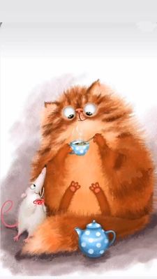 Открытка «С добрым утром»: Уютное доброе утро: кот и мышка с горячим напитком. Тэги: кот, животное, пожелание, позити…