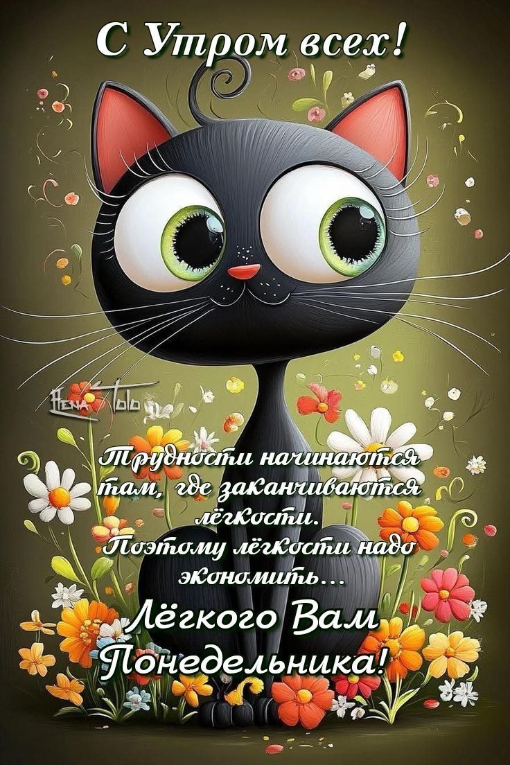 Открытка «С добрым утром»: Доброе утро и легкий понедельник от милого кота!. Тэги: кот, пожелание, позитивная, улыбка…