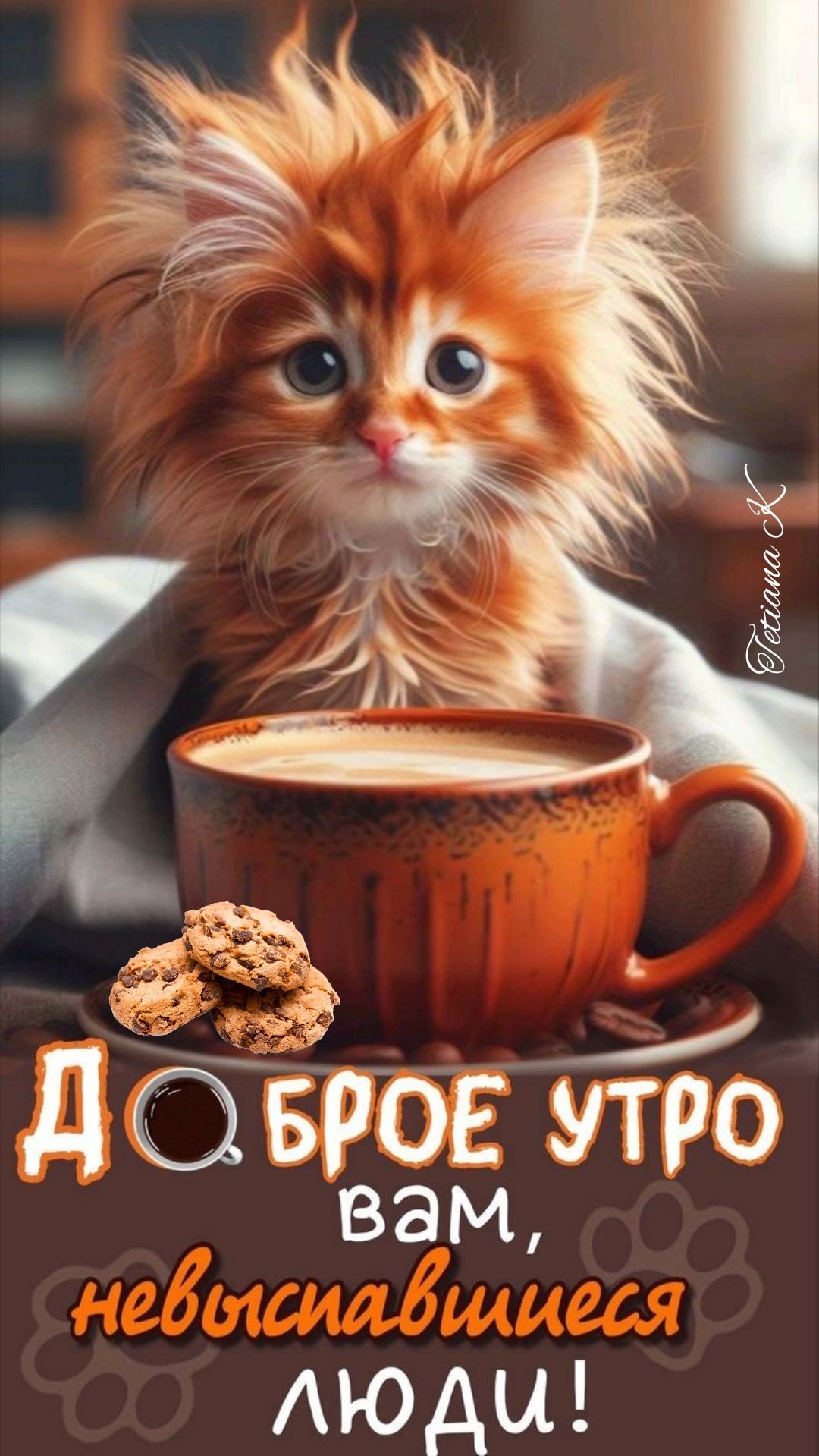 Открытка «С добрым утром»: Доброе утро с рыжим котиком и кофе. Тэги: кот, животное, пожелание, позитивная, юмор…