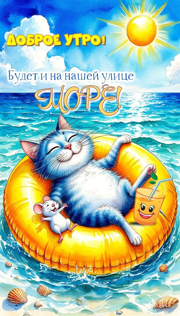 Открытка «С добрым утром»: С добрым утром: Море счастья на нашей улице!. Тэги: кот, животное, пожелание, отличное нас…