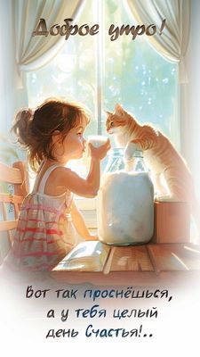 Открытка «С добрым утром»: Нежное утро: девочка, кот и день счастья. Тэги: кот, животное, пожелание, позитивная…