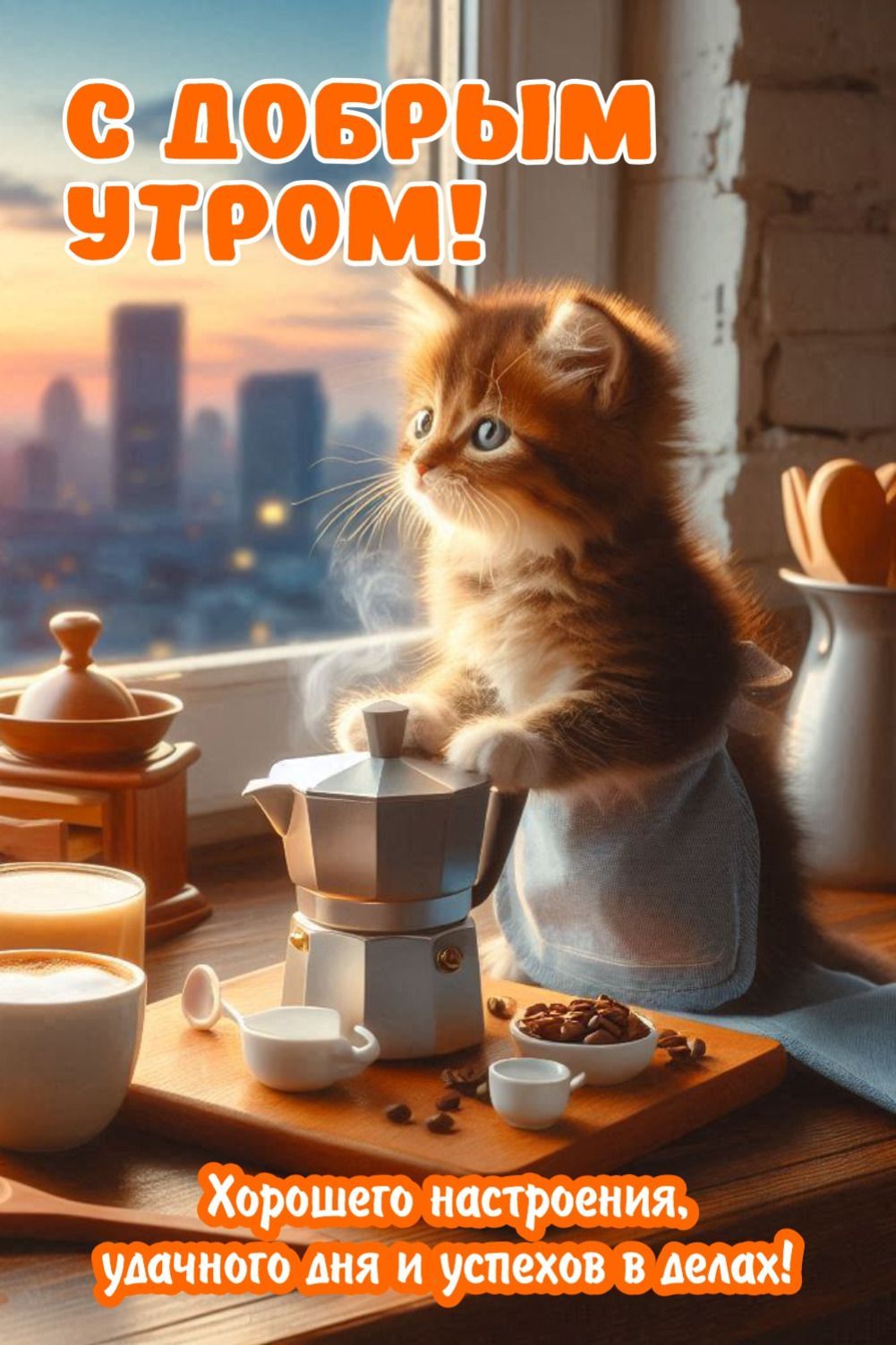 Открытка «С добрым утром»: Нежное утро с кофе, котом и пожеланиями. Тэги: кот, животное, пожелание, утро, кофе…