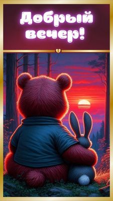 Открытка «С добрым утром»: Добрый вечер: уютный закат с милыми друзьями. Тэги: животное, пожелание, позитивная, друг…