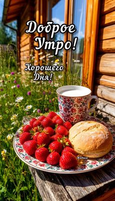 Открытка «С добрым утром»: Доброе утро: свежая клубника и хорошее настроение. Тэги: пожелание, позитивная, хорошего д…