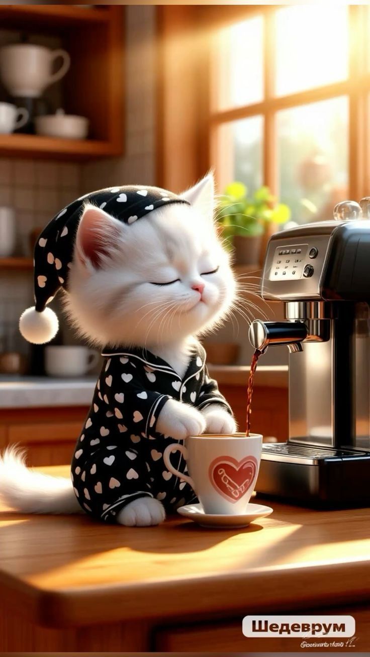 Открытка «С добрым утром»: Доброе утро: пушистый бариста и кофе. Тэги: кот, животное, пожелание, утро, красивая, кофе…