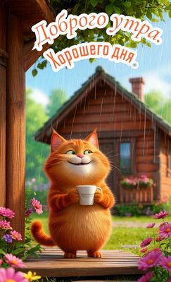 Открытка «С добрым утром»: Милый кот с кофе желает доброго утра и хорошего дня!. Тэги: кот, животное, пожелание…