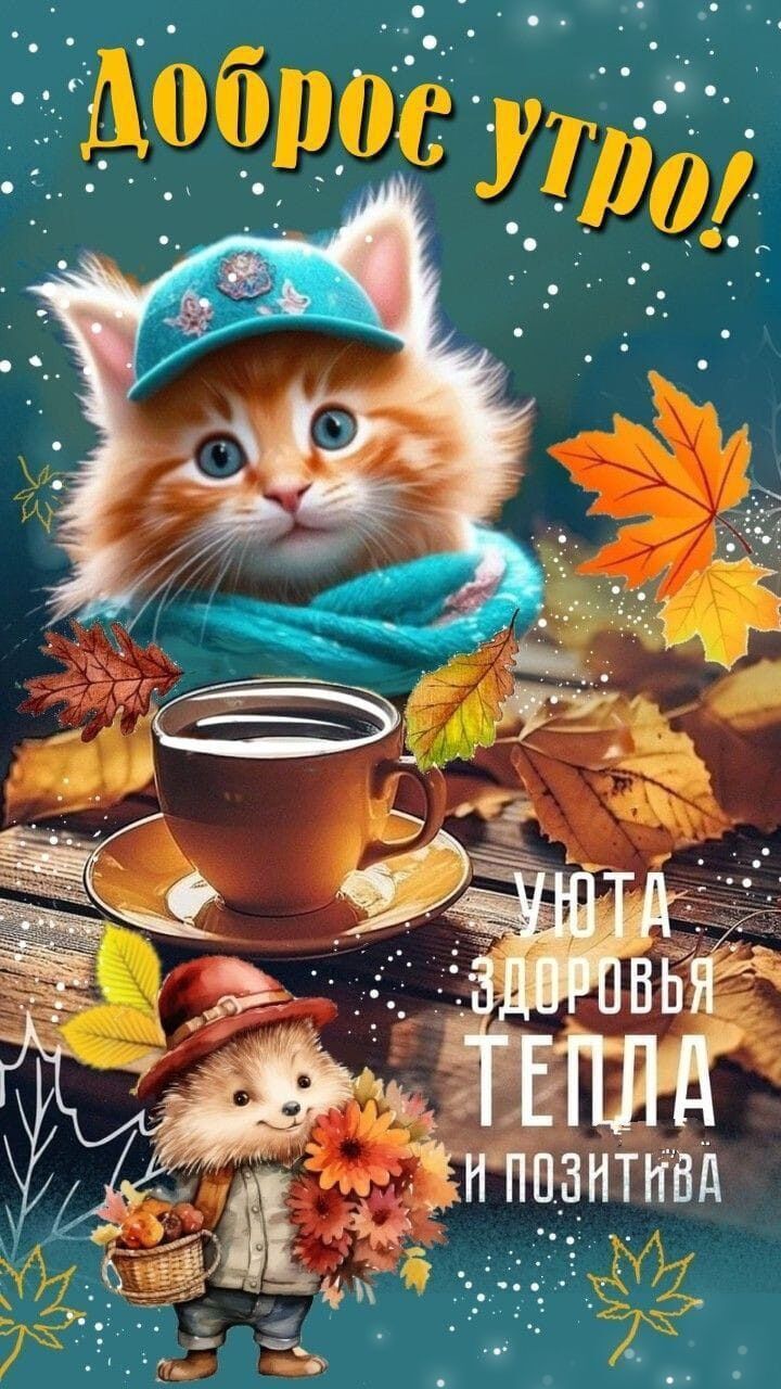 Открытка «С добрым утром»: Уютное доброе утро с котиком, ежиком и осенним теплом. Тэги: кот, животное, пожелание…