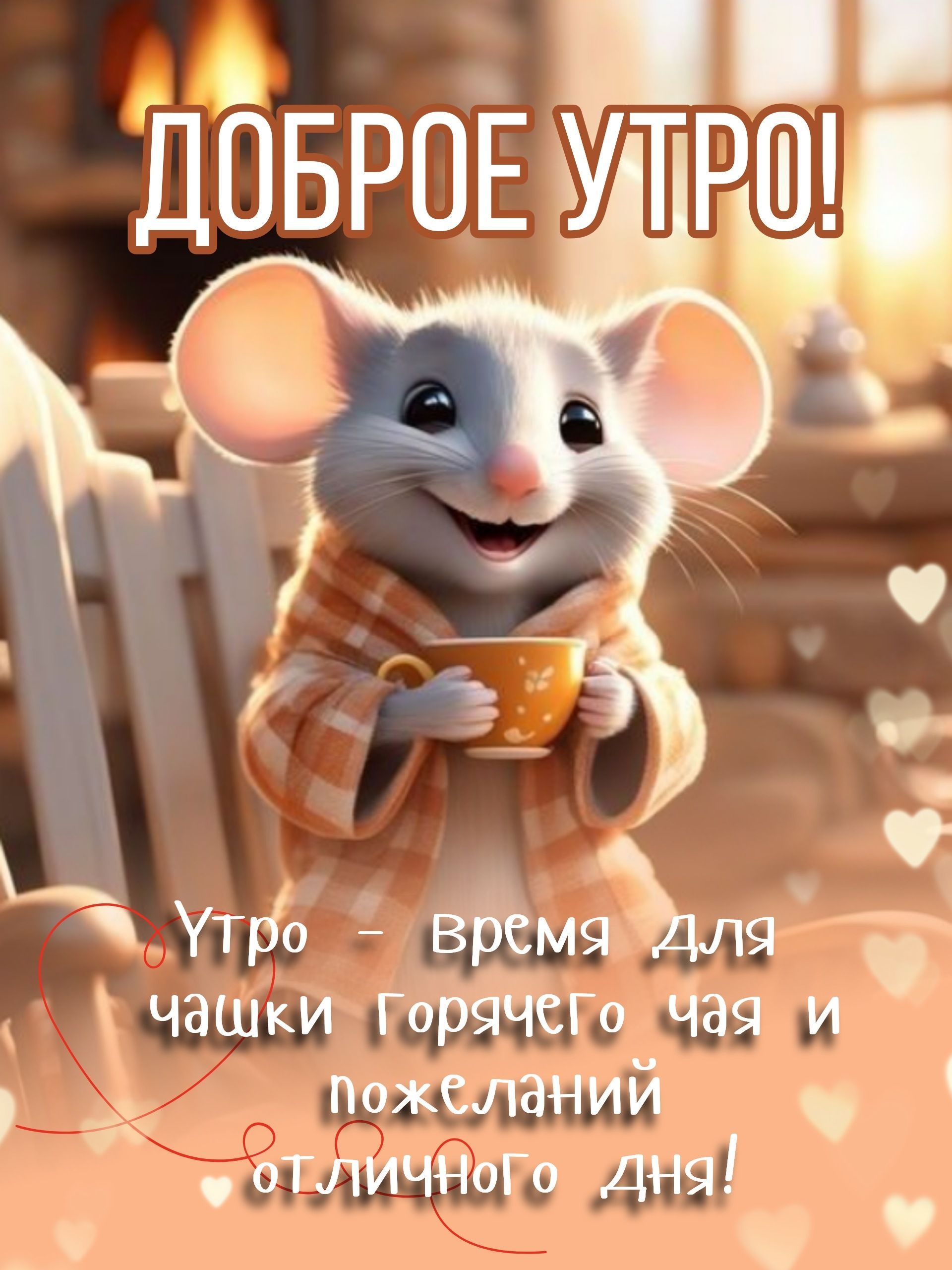 Открытка «С добрым утром»: Уютное доброе утро с чаем и милым мышонком. Тэги: животное, пожелание, хорошего дня…