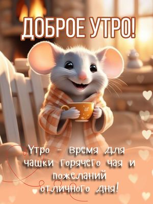 Открытка «С добрым утром»: Уютное доброе утро с чаем и милым мышонком. Тэги: животное, пожелание, хорошего дня…