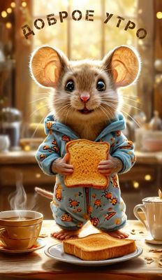 Открытка «С добрым утром»: Доброе утро! Милый мышонок и завтрак. Тэги: животное, пожелание, позитивная, отличное наст…