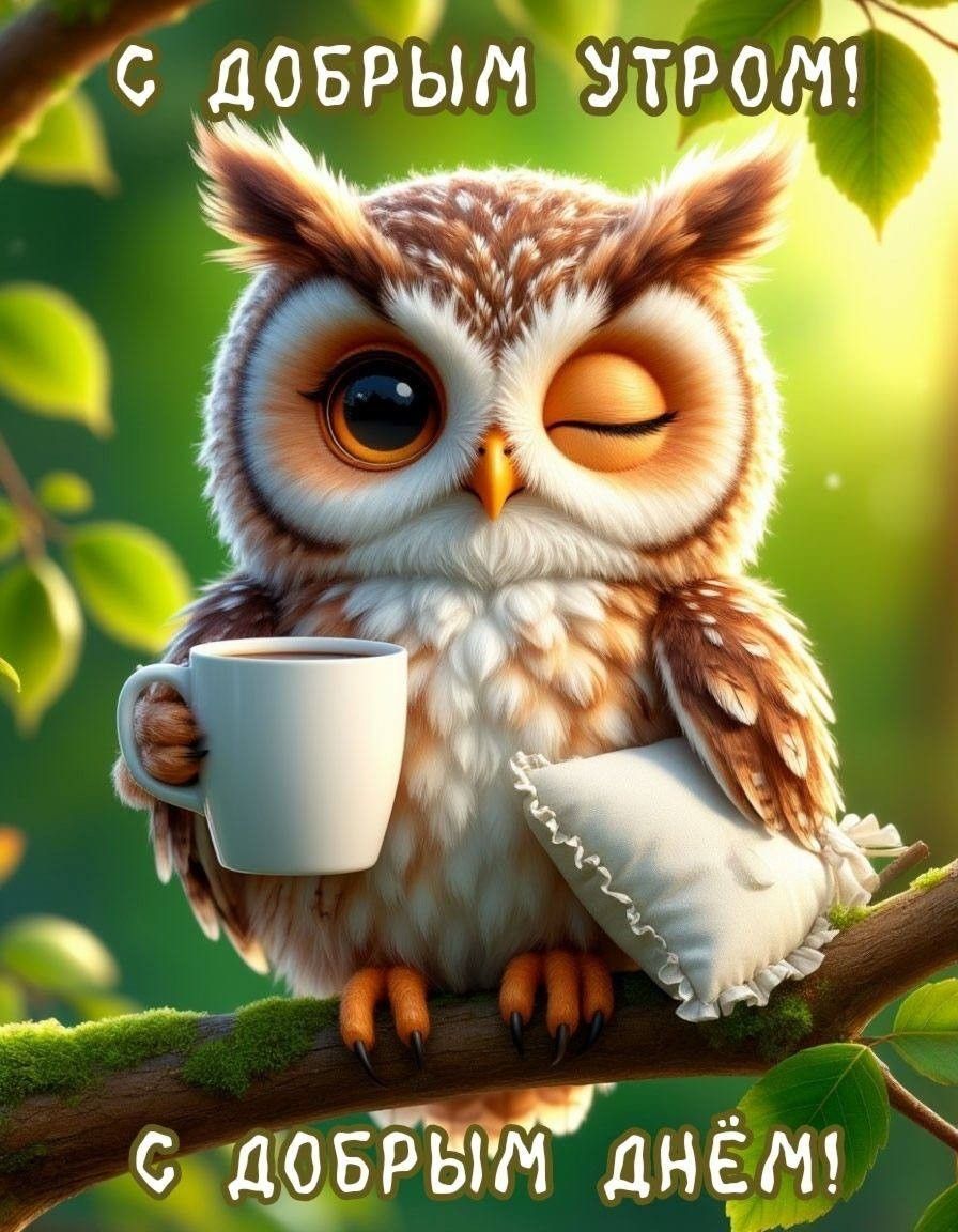 Открытка «С добрым утром»: Милая сова с кофе желает доброго утра и дня!. Тэги: животное, пожелание, позитивная…