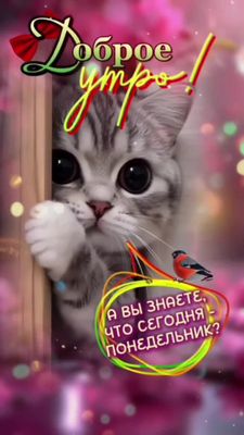Открытка «С добрым утром»: Доброе утро! Милый котик и новость про понедельник. Тэги: кот, животное, пожелание, позити…