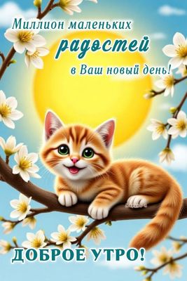 Открытка «С добрым утром»: Доброе утро: миллион радостей и милый котёнок!. Тэги: кот, животное, пожелание, утро…
