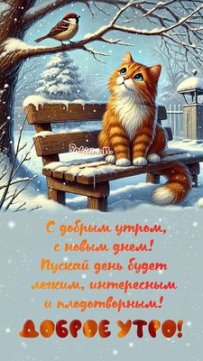 Открытка «С добрым утром»: Доброе утро: зимняя сказка с котом и птичкой. Тэги: кот, животное, пожелание, позитивная…