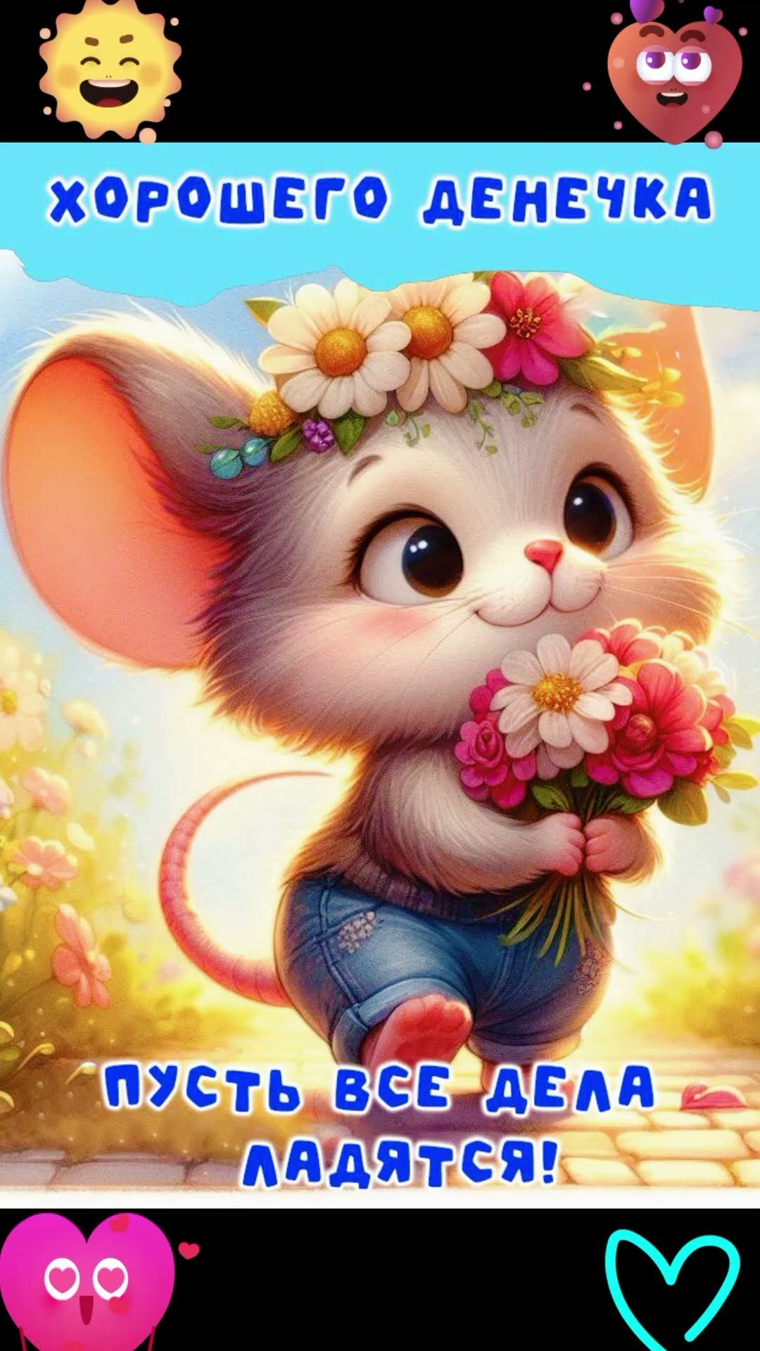 Открытка «С добрым утром»: Милая мышка желает хорошего денечка!. Тэги: животное, пожелание, отличное настроение…